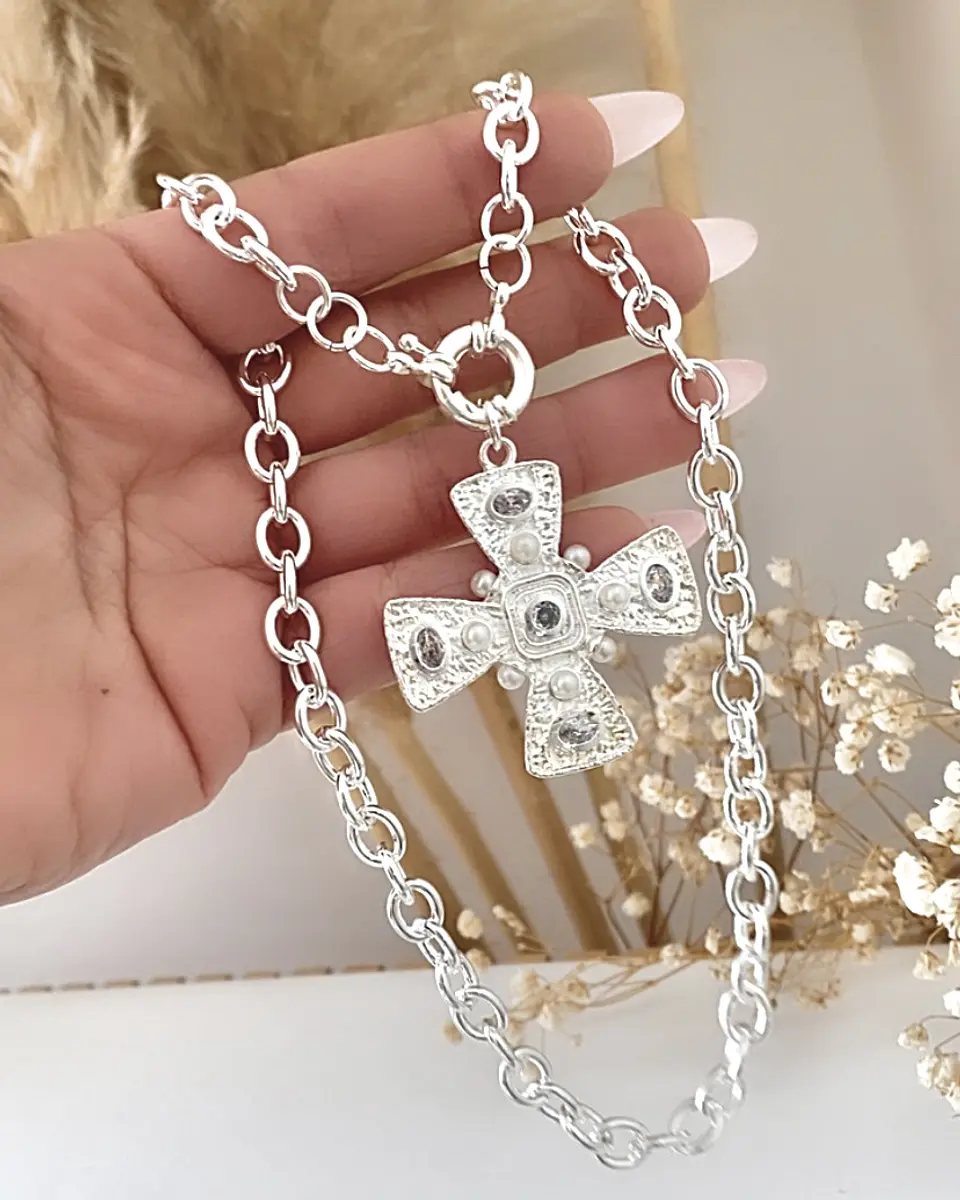 Collar Maxi Cruz Cristales Perlas Silver 4