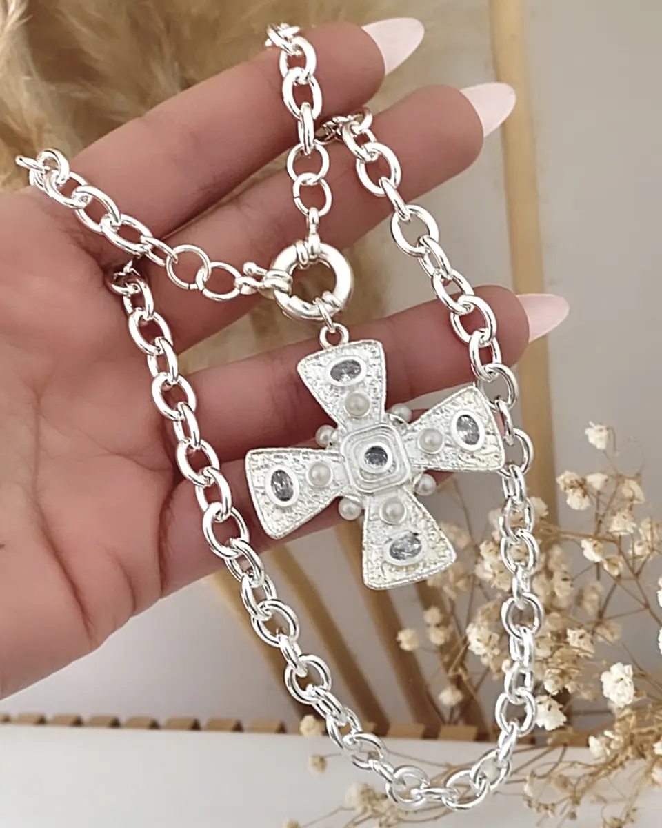 Collar Maxi Cruz Cristales Perlas Silver 3