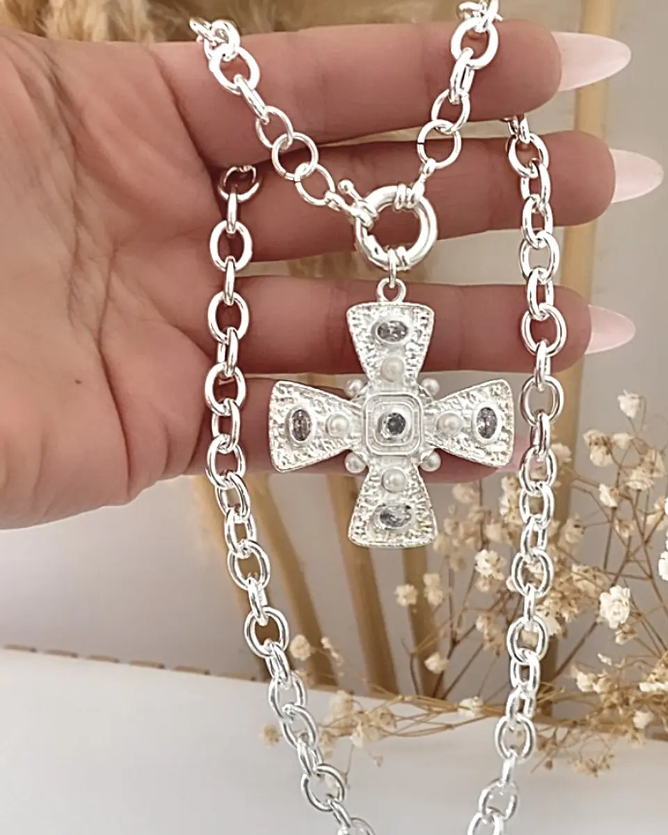 Collar Maxi Cruz Cristales Perlas Silver 2