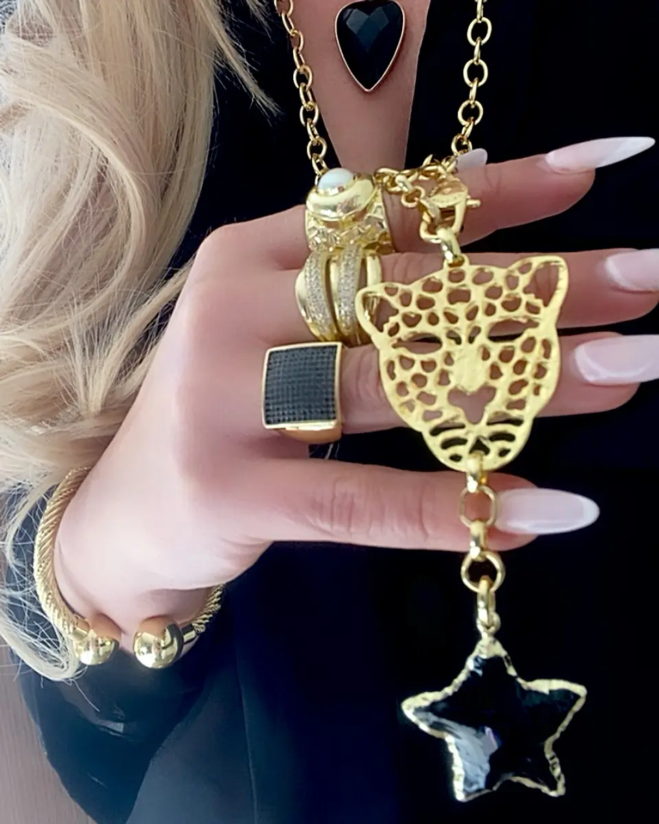 Collar XL Maxi Jaguar Estrella Obsidiana Gold 1