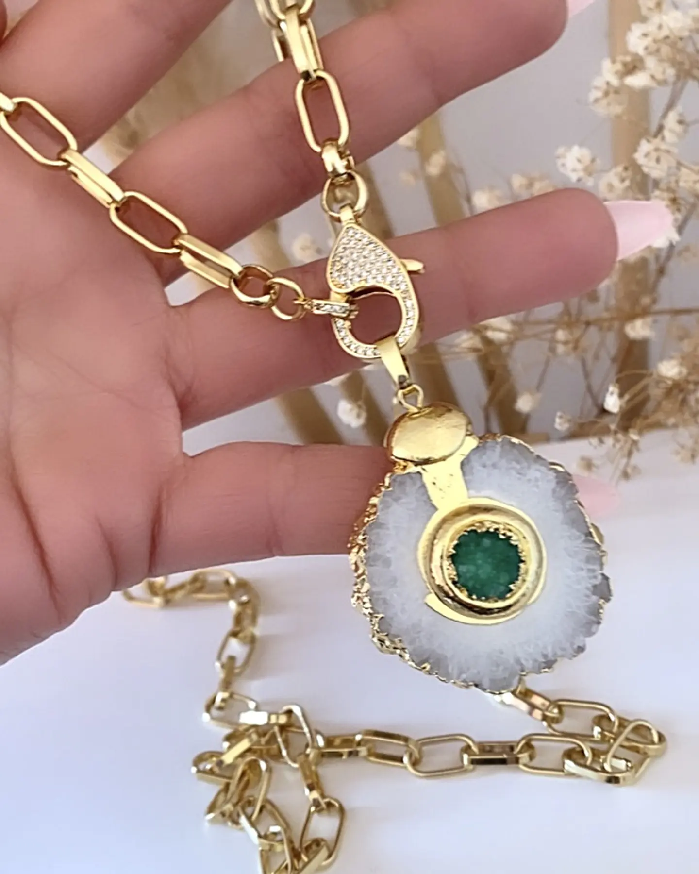 Collar XL Cuarzo Drusa Verde Gold  1