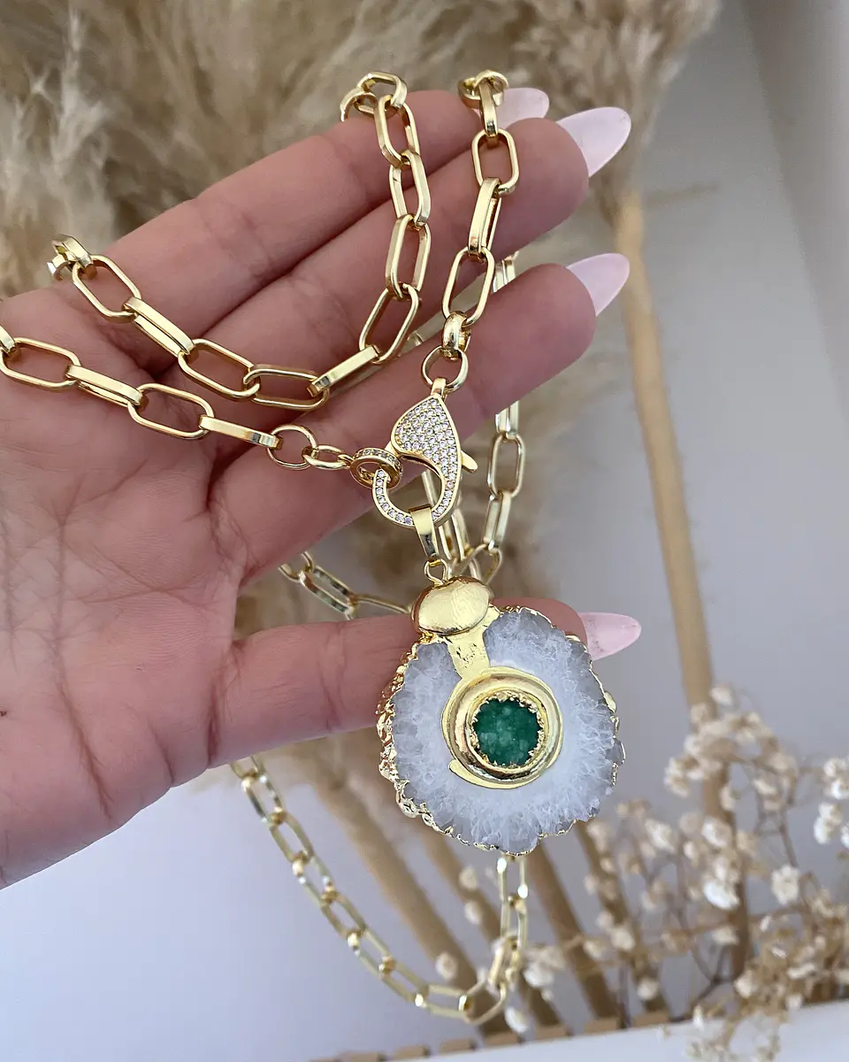 Collar XL Cuarzo Drusa Verde Gold  3