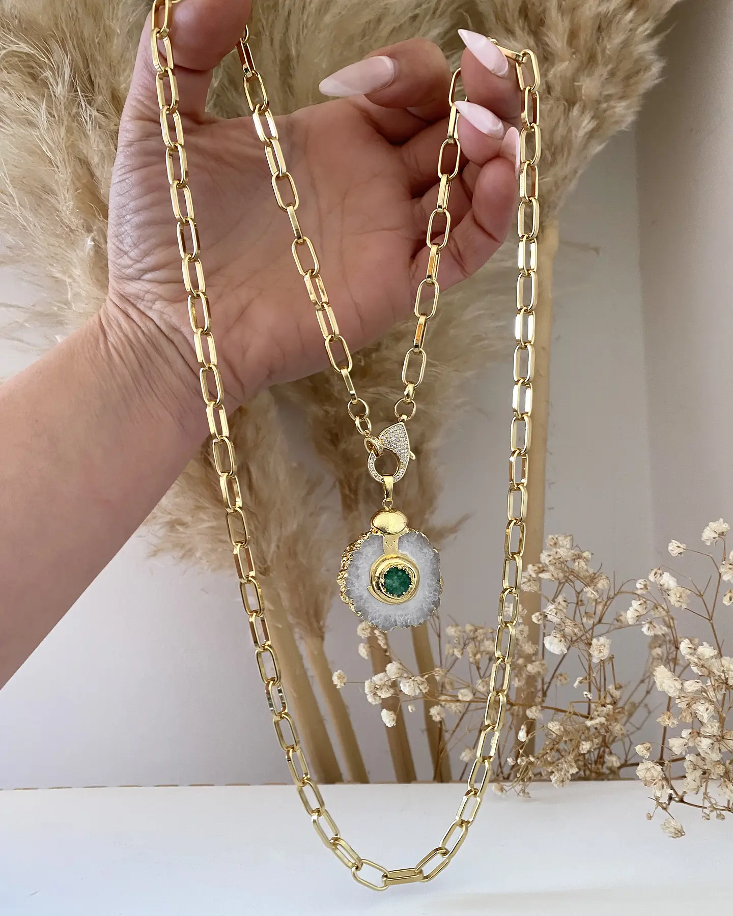Collar XL Cuarzo Drusa Verde Gold  7