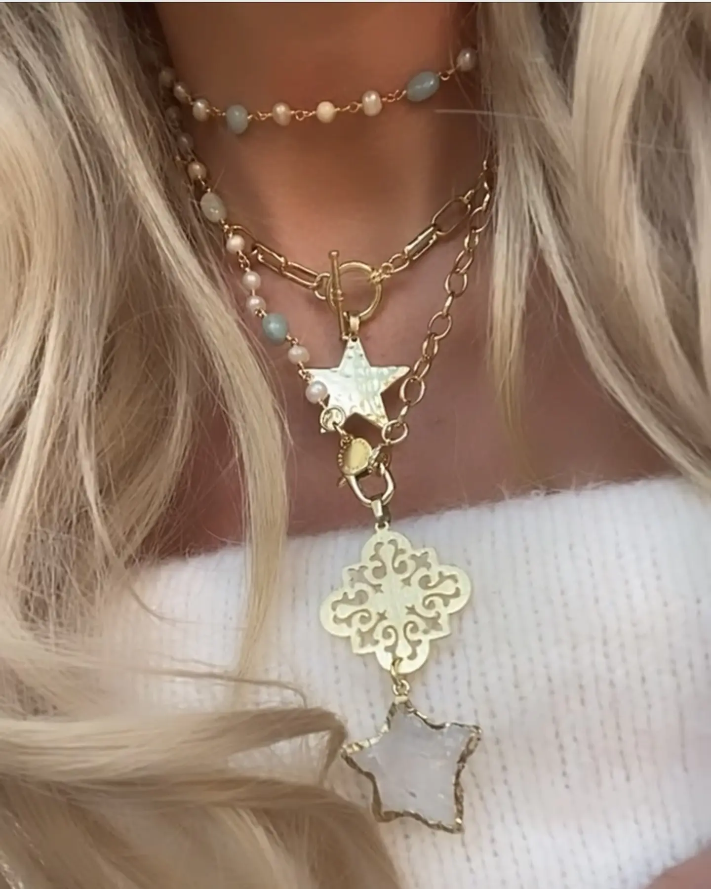 Collar XL Estrella Cuarzo Piedras Perlas gold 1