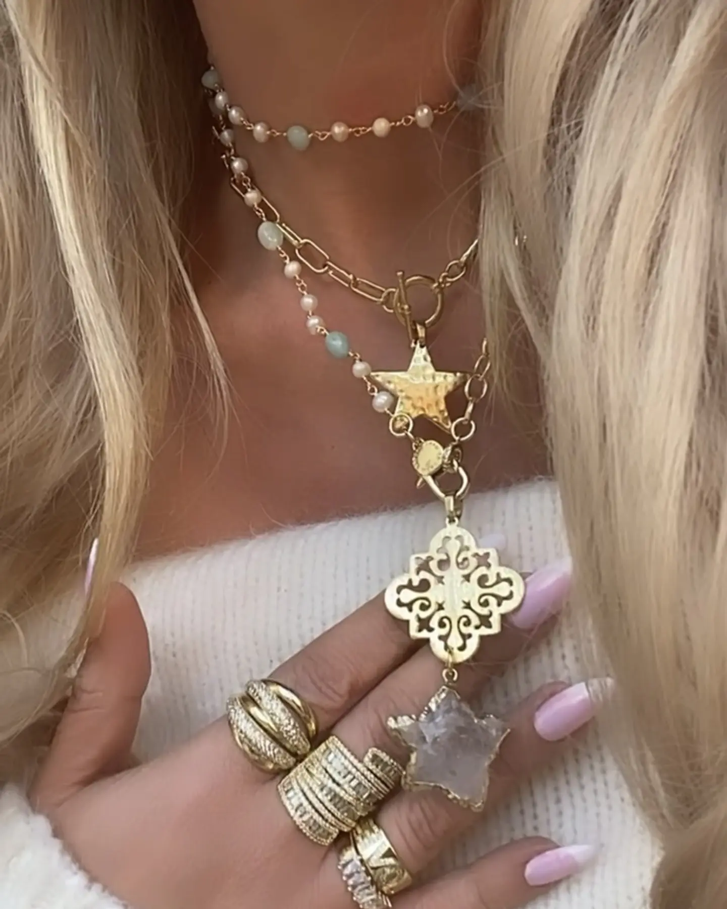 Collar XL Estrella Cuarzo Piedras Perlas gold 4