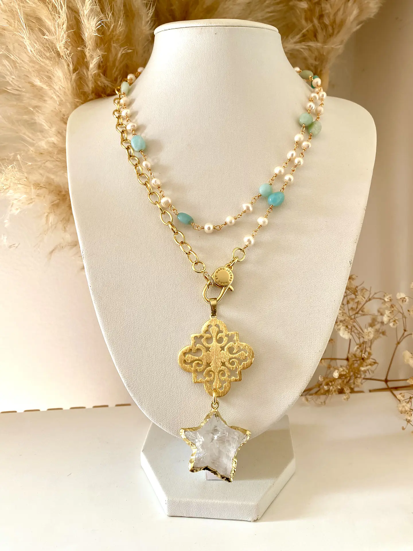 Collar XL Estrella Cuarzo Piedras Perlas gold 3