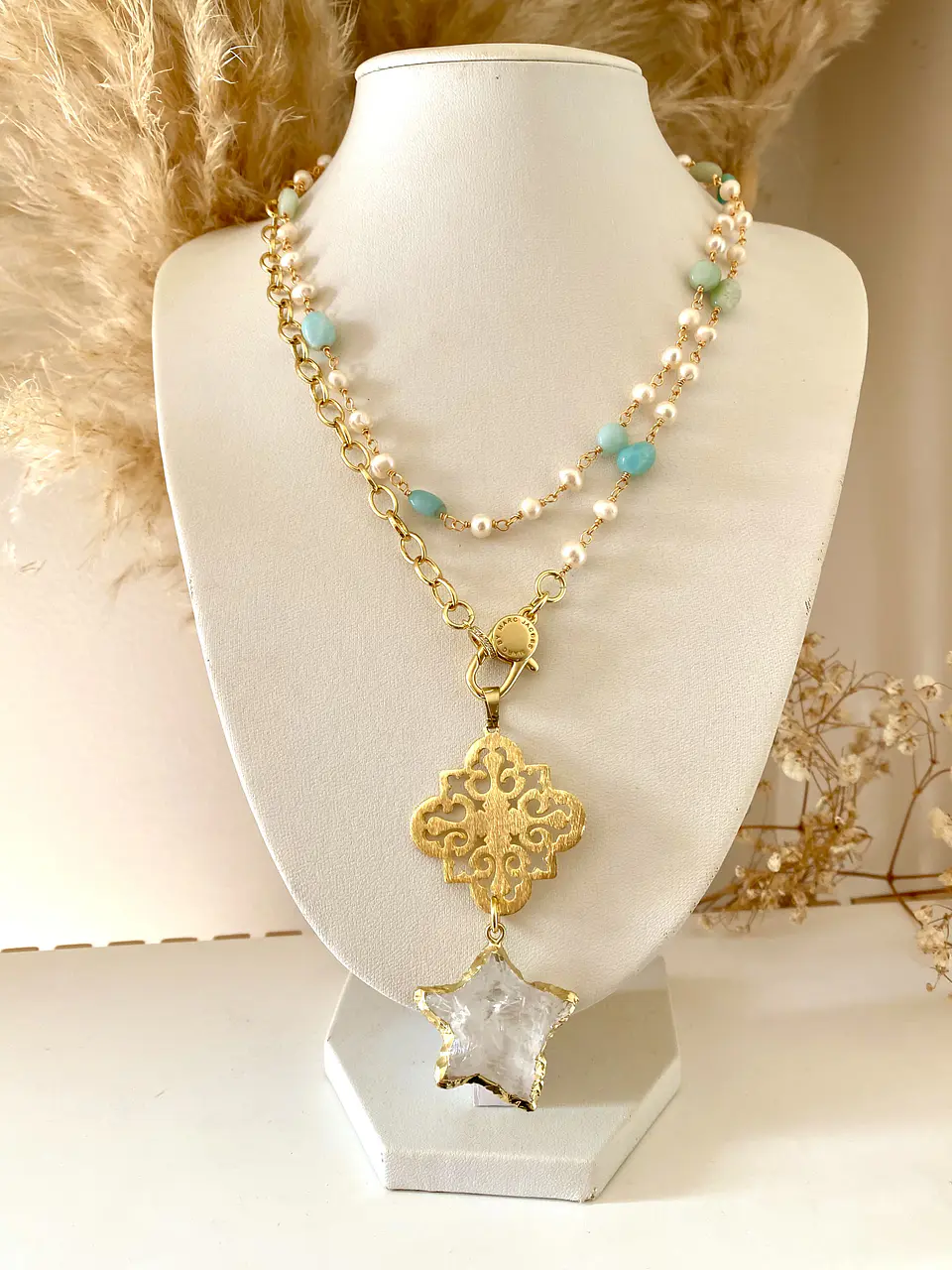 Collar XL Estrella Cuarzo Piedras Perlas gold 3