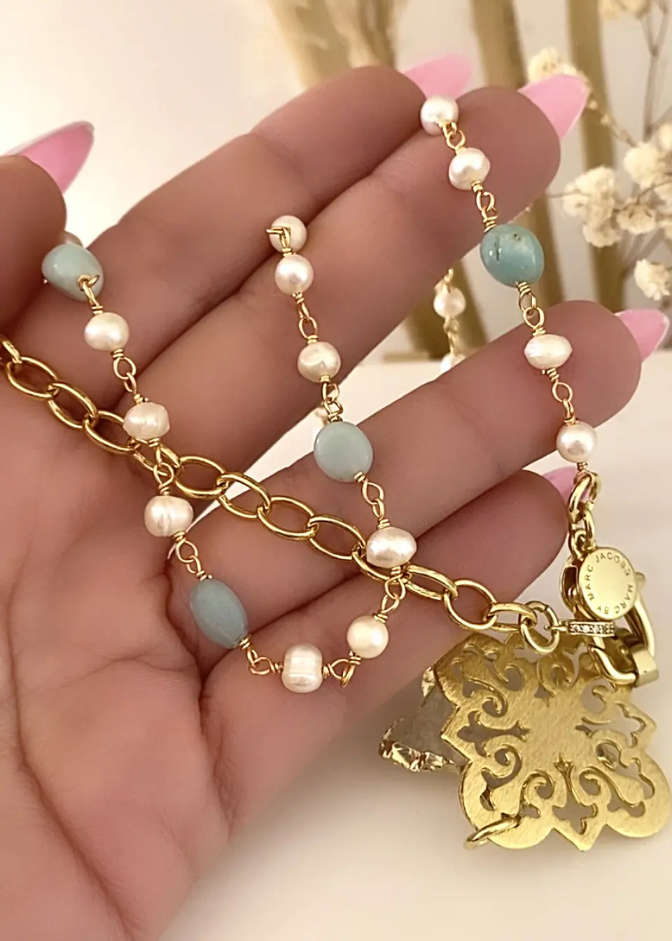 Collar XL Estrella Cuarzo Piedras Perlas gold 5