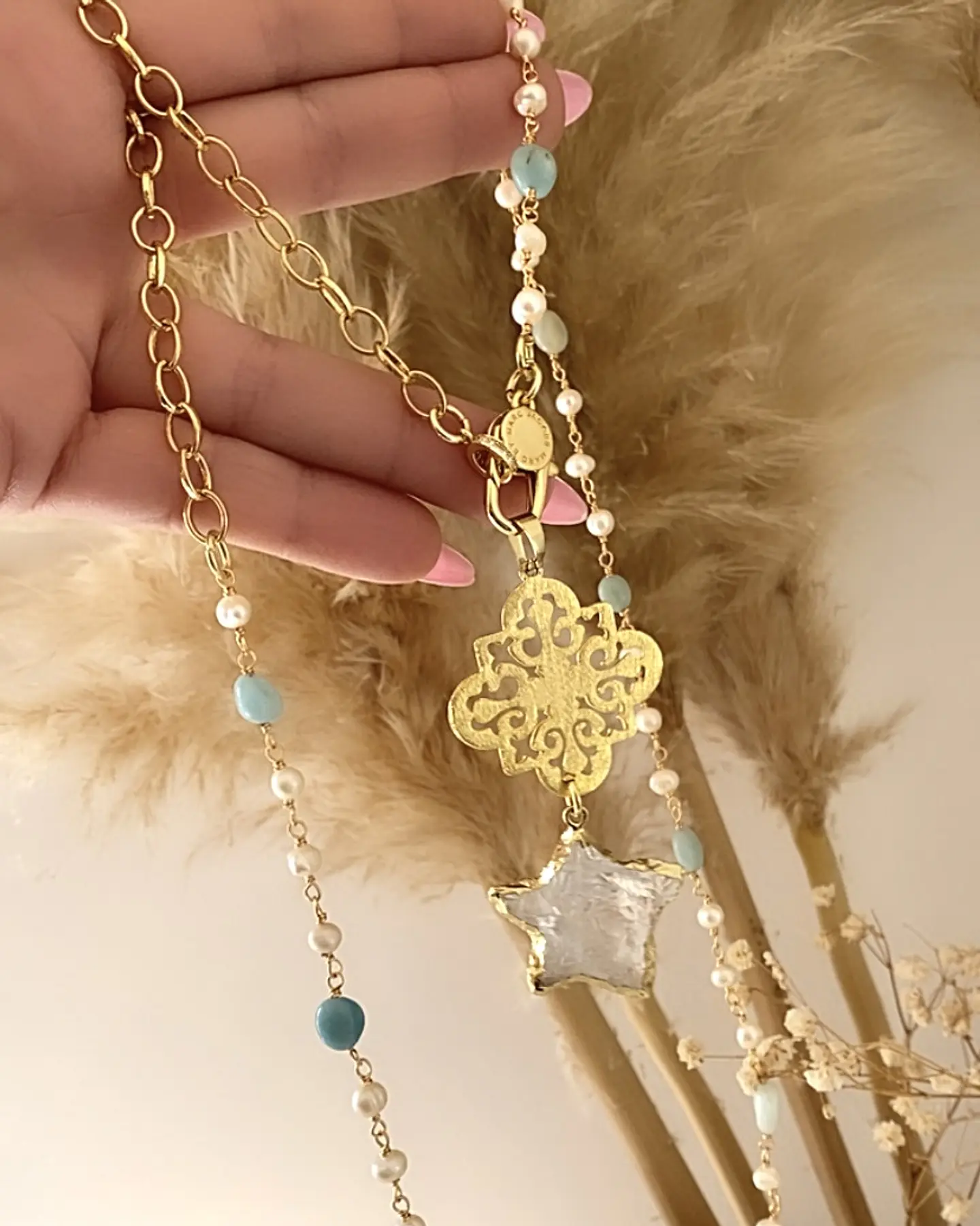 Collar XL Estrella Cuarzo Piedras Perlas gold 7