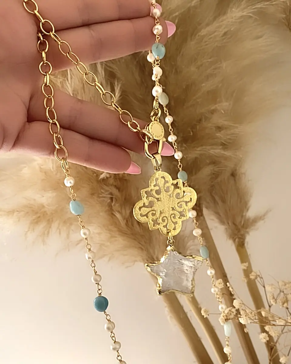 Collar XL Estrella Cuarzo Piedras Perlas gold 7