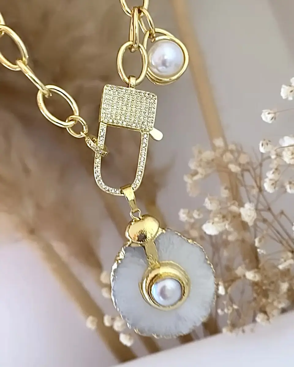 Collar XL Dije Cuarzo Perla con maxi eslabones Gold 2