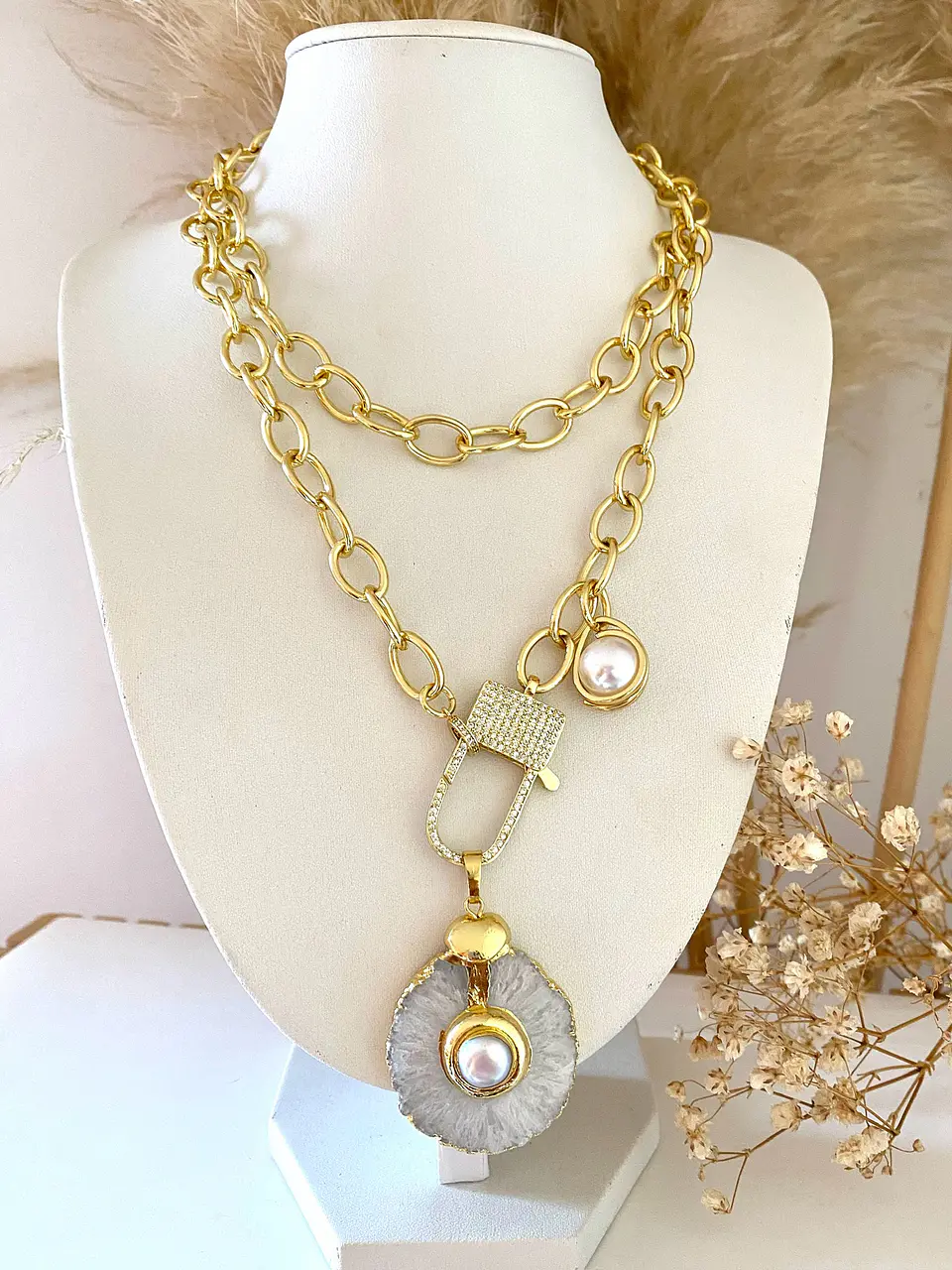 Collar XL Dije Cuarzo Perla con maxi eslabones Gold 5