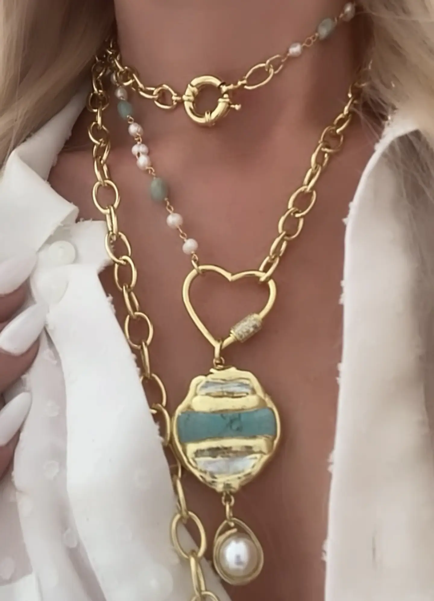 Collar XL Turquesa Perla Conector corazón cadena mixta 5