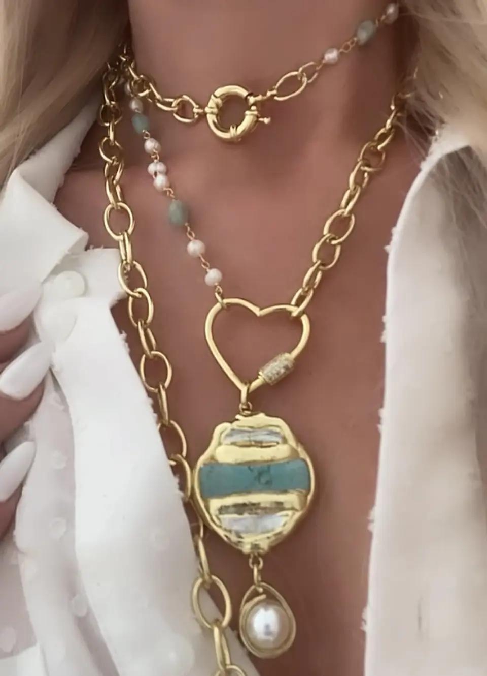 Collar XL Turquesa Perla Conector corazón cadena mixta 5