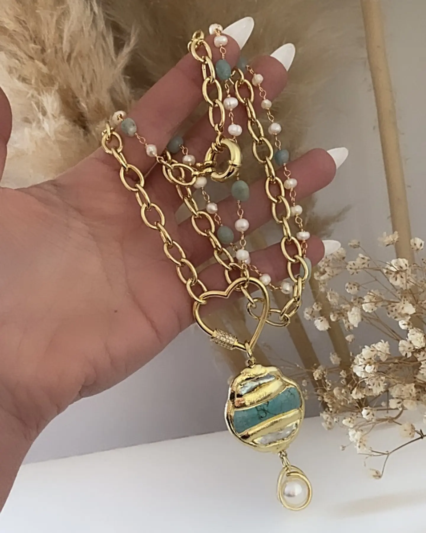 Collar XL Turquesa Perla Conector corazón cadena mixta 3