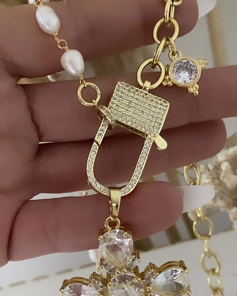 Collar XL Maxi Cruz Cristales Perlas Gold 5