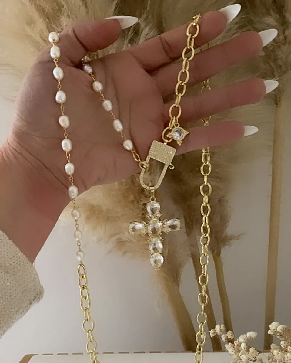 Collar XL Maxi Cruz Cristales Perlas Gold 7