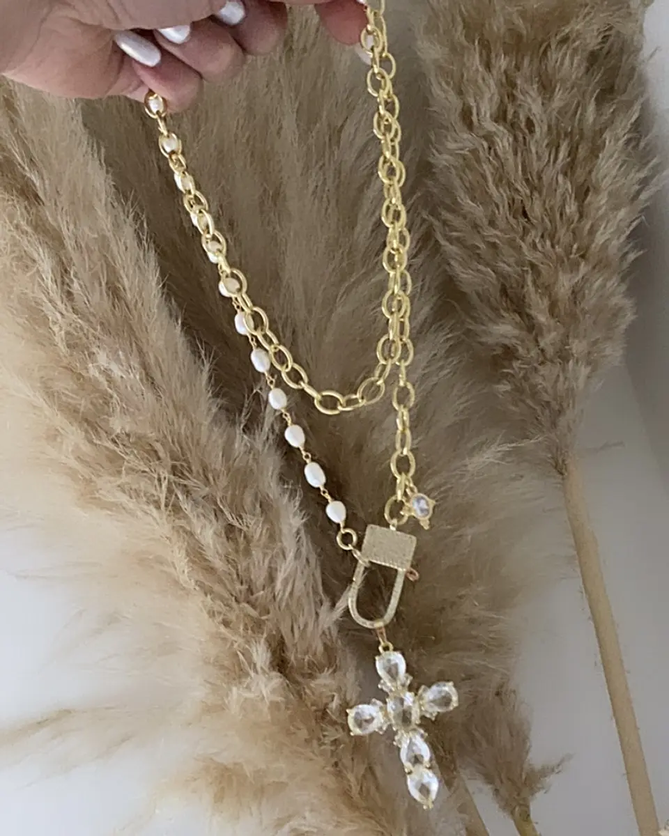 Collar XL Maxi Cruz Cristales Perlas Gold 4