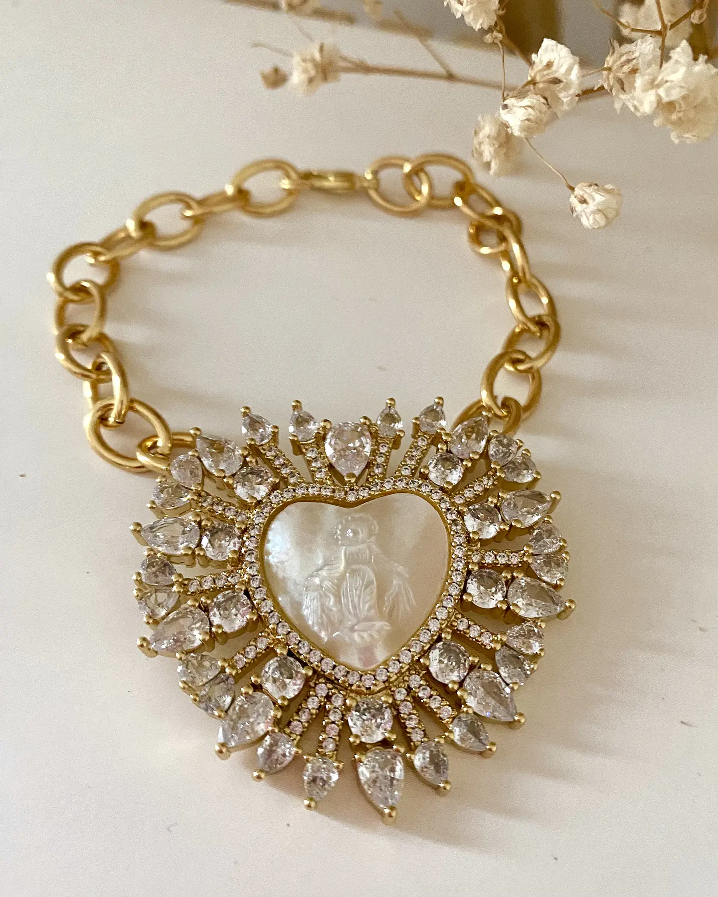 Pulsera Maxi Corazon Virgen Nácar Cristales  6