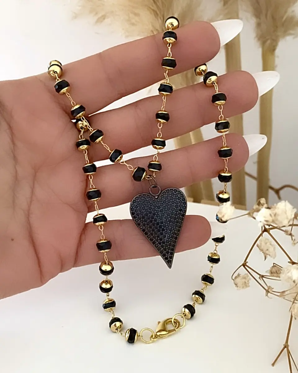 Collar Corazón Circones Black cristales facetados  1