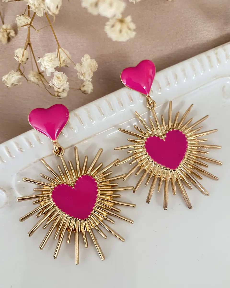 Aros Corazón Fucsia Rayos Gold 2
