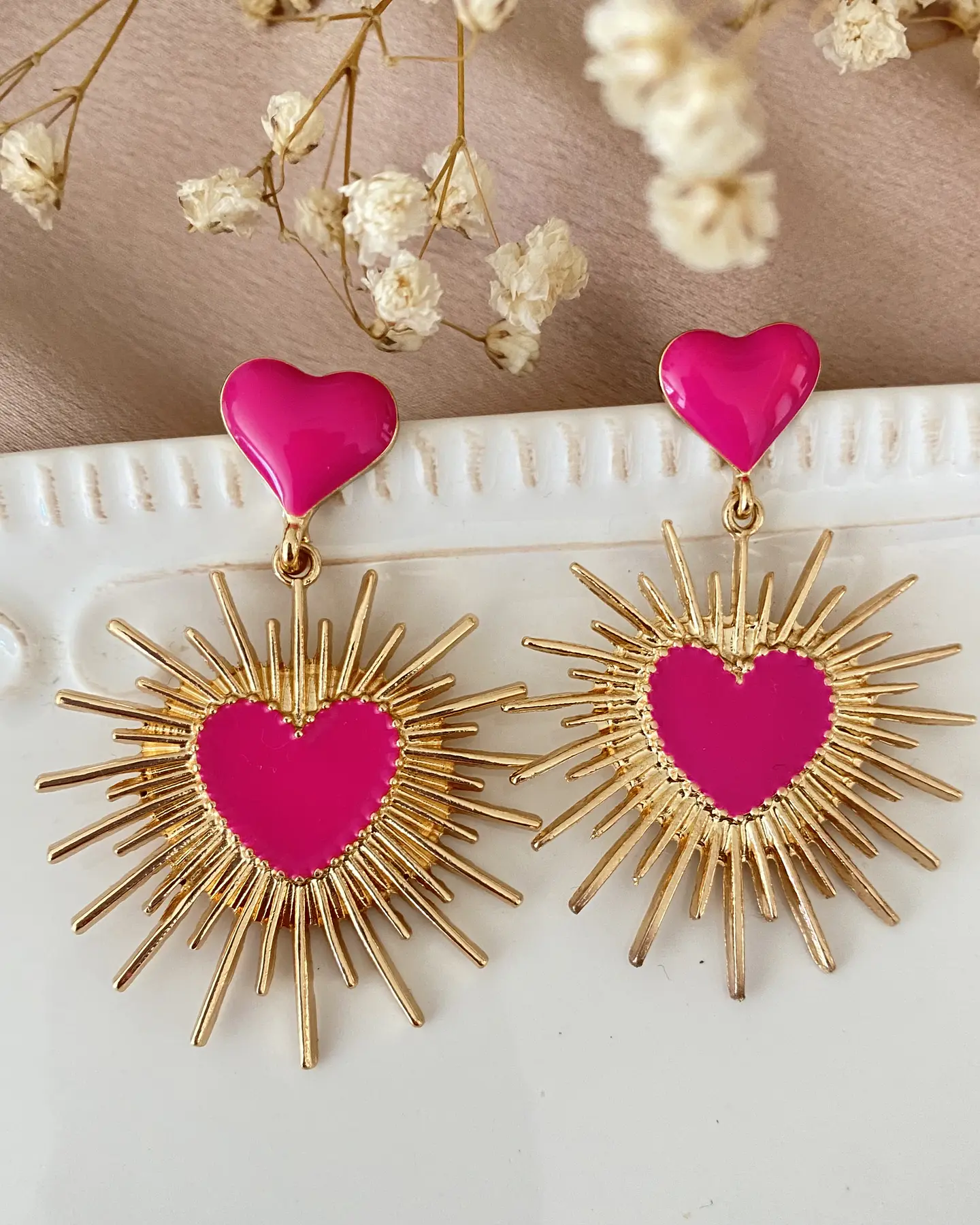 Aros Corazón Fucsia Rayos Gold 1