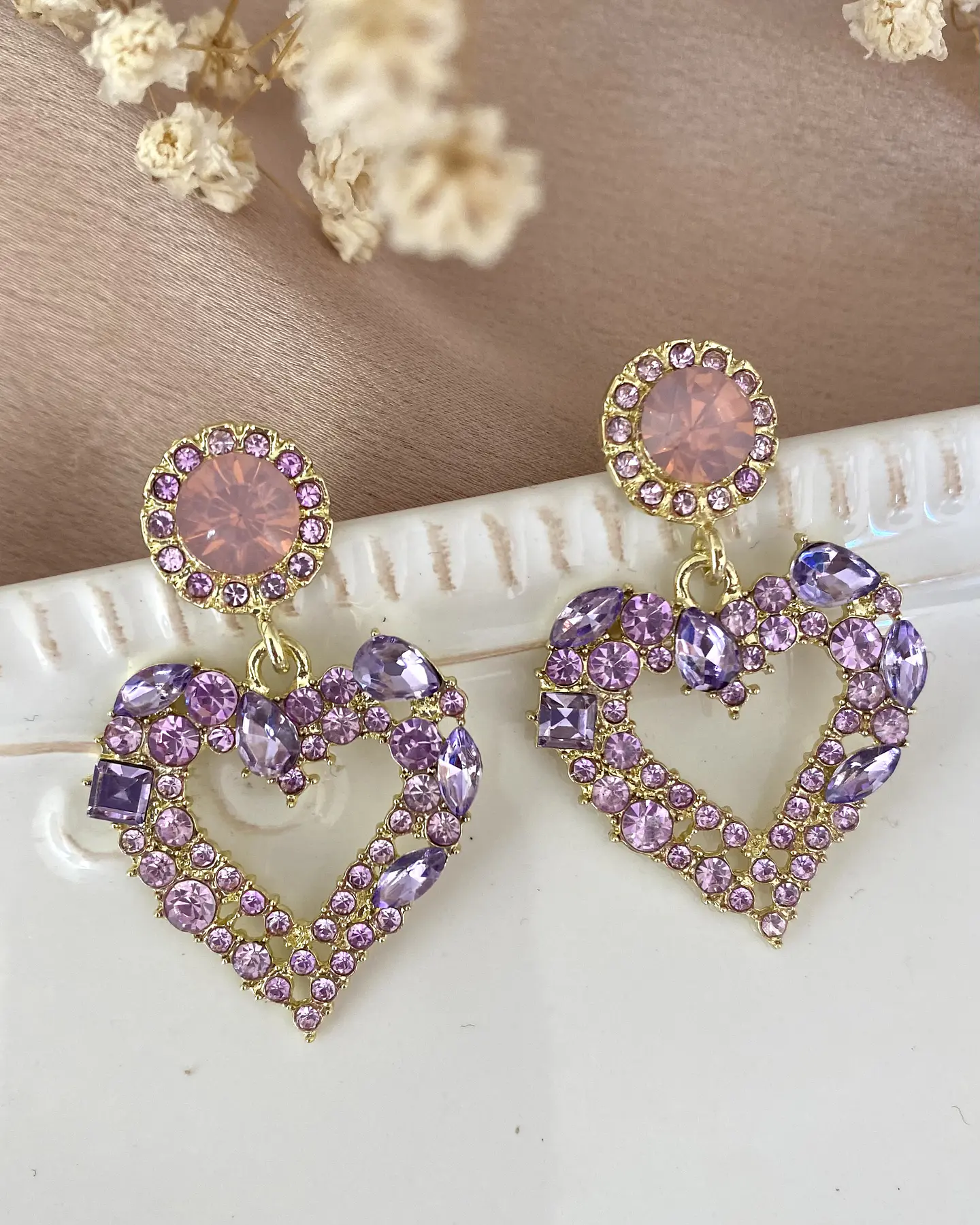 Aros Corazón Strass Lila Pink Gold 1