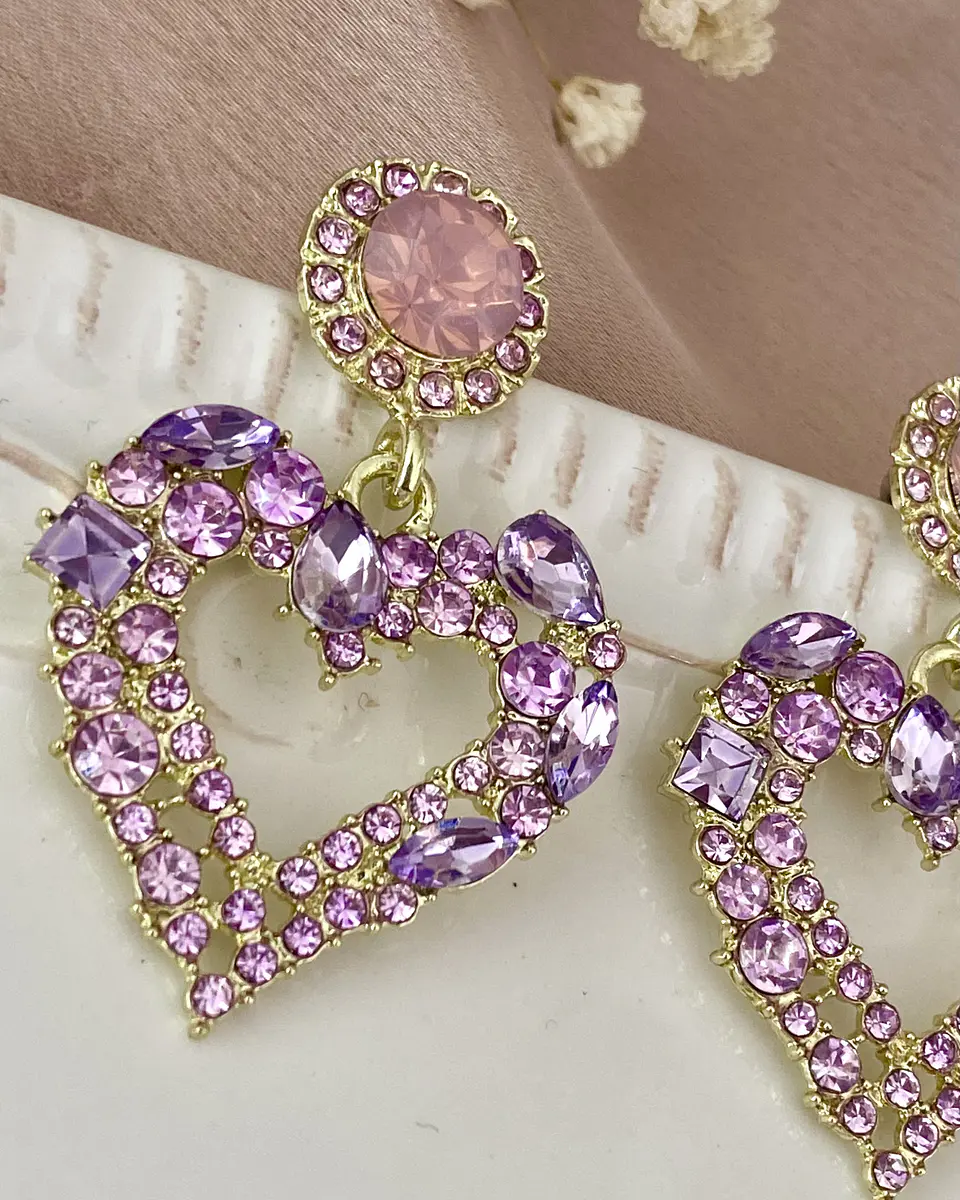 Aros Corazón Strass Lila Pink Gold 2