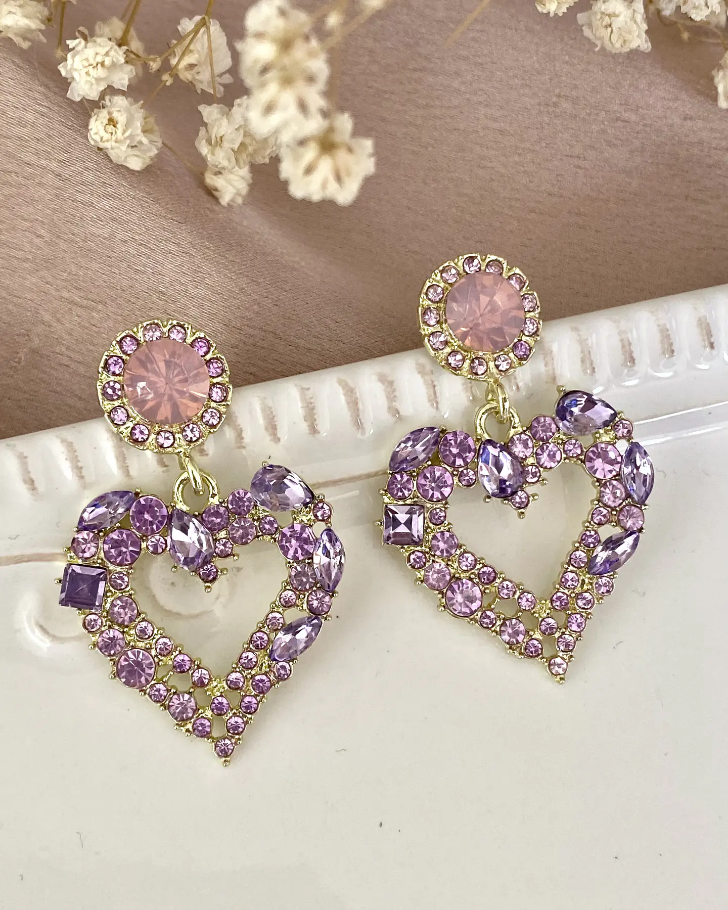 Aros Corazón Strass Lila Pink Gold 3