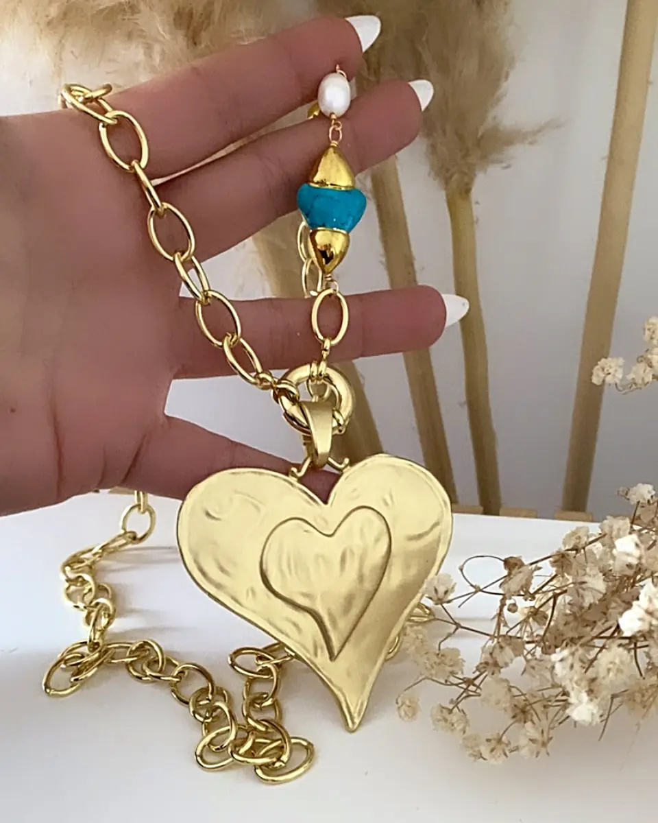 Collar XL Maxi Corazon Turquesa Perlas Gold 1