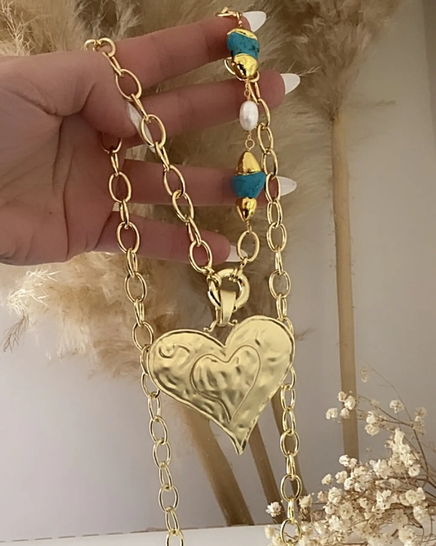 Collar XL Maxi Corazon Turquesa Perlas Gold 5