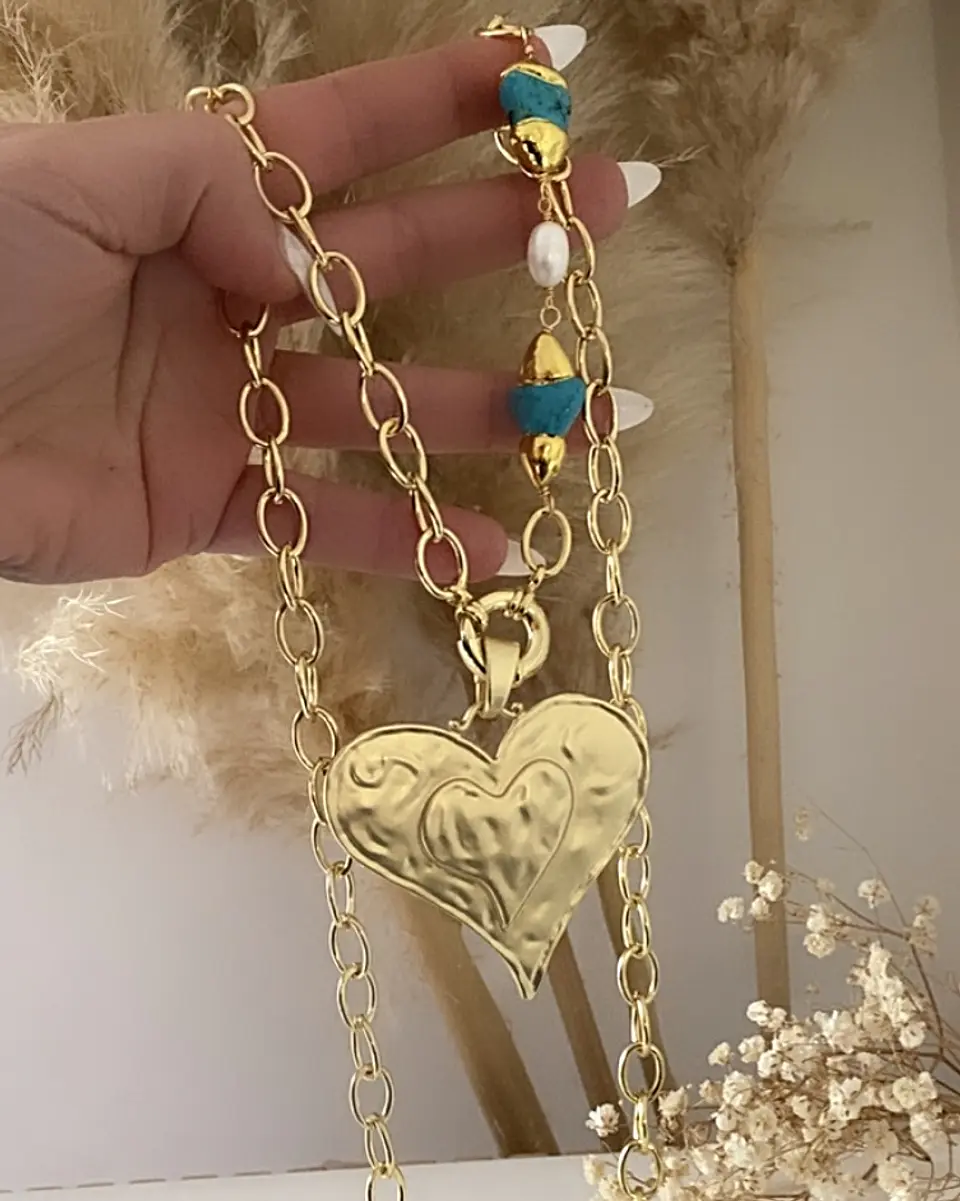 Collar XL Maxi Corazon Turquesa Perlas Gold 5
