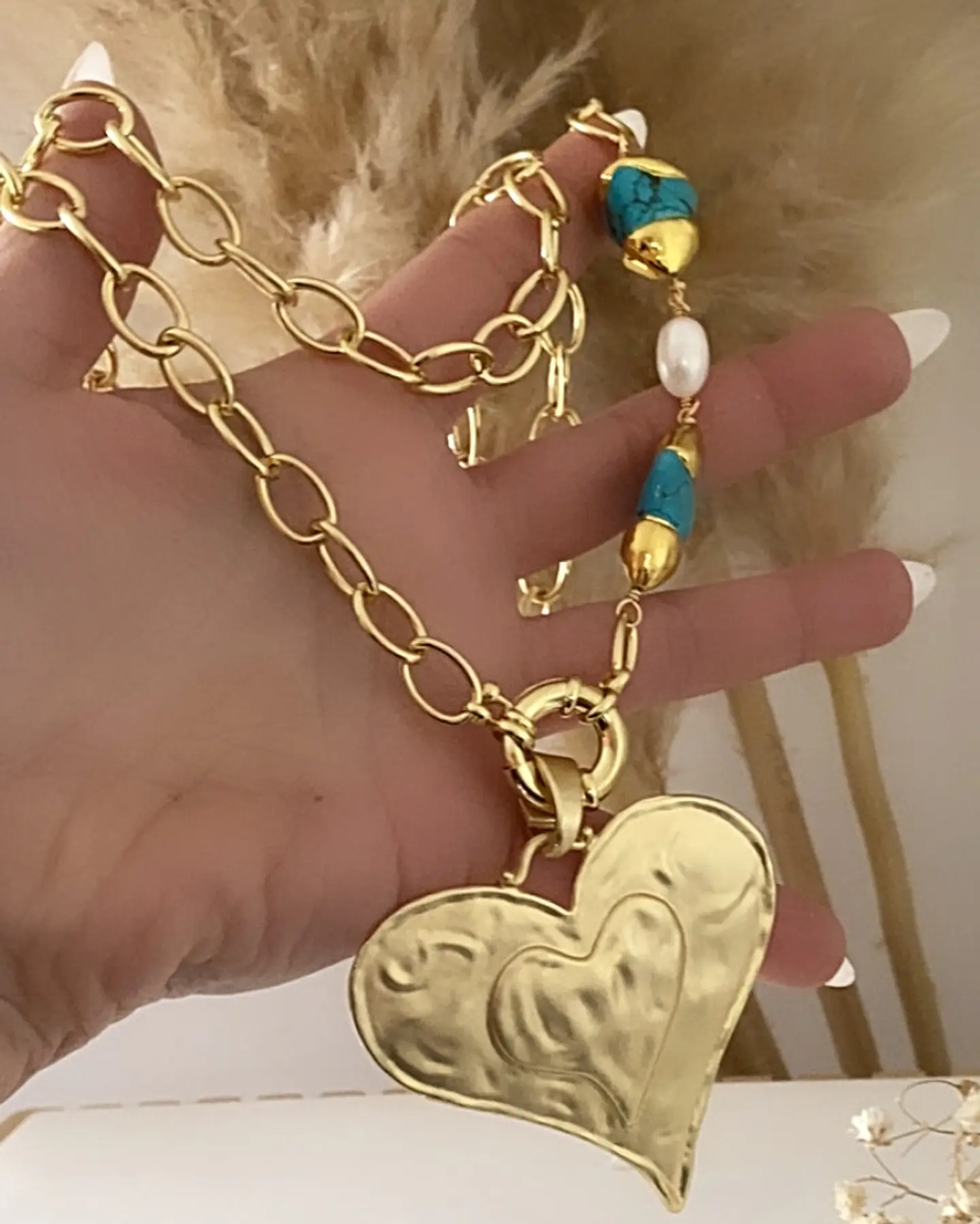 Collar XL Maxi Corazon Turquesa Perlas Gold 4