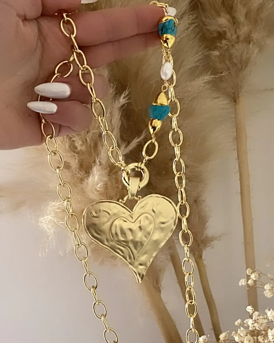 Collar XL Maxi Corazon Turquesa Perlas Gold 3