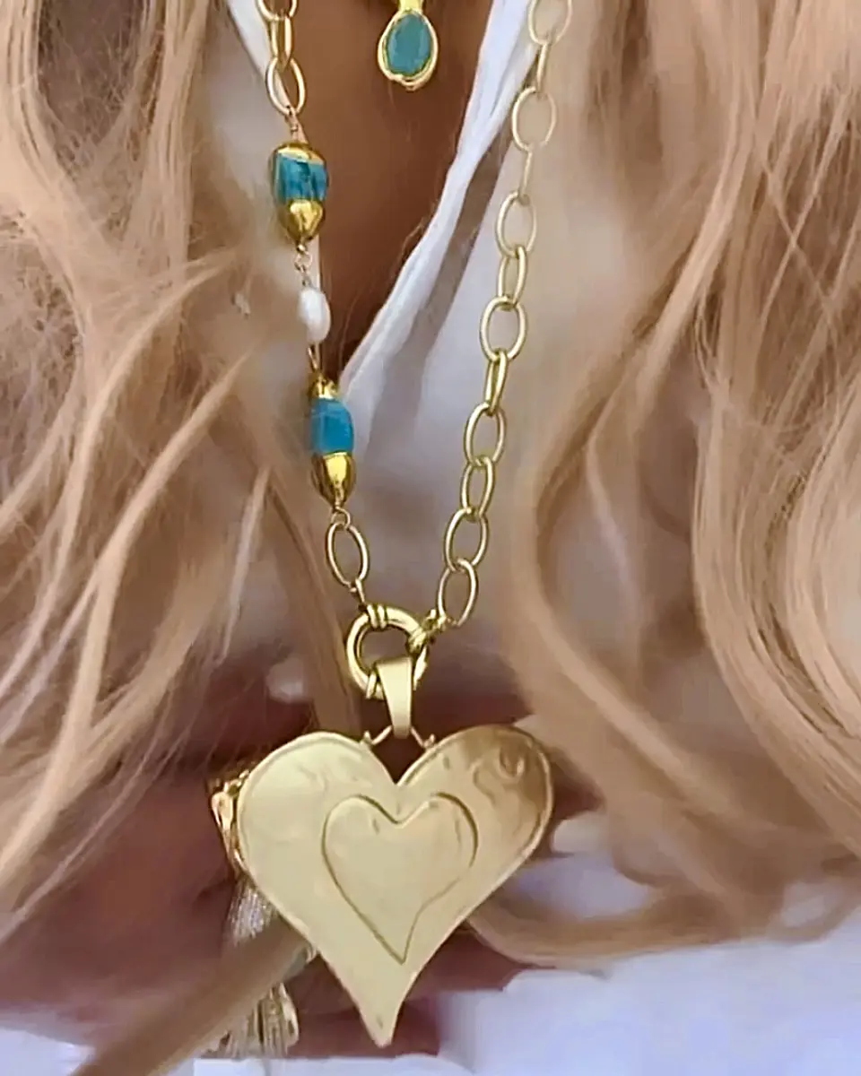 Collar XL Maxi Corazon Turquesa Perlas Gold 2