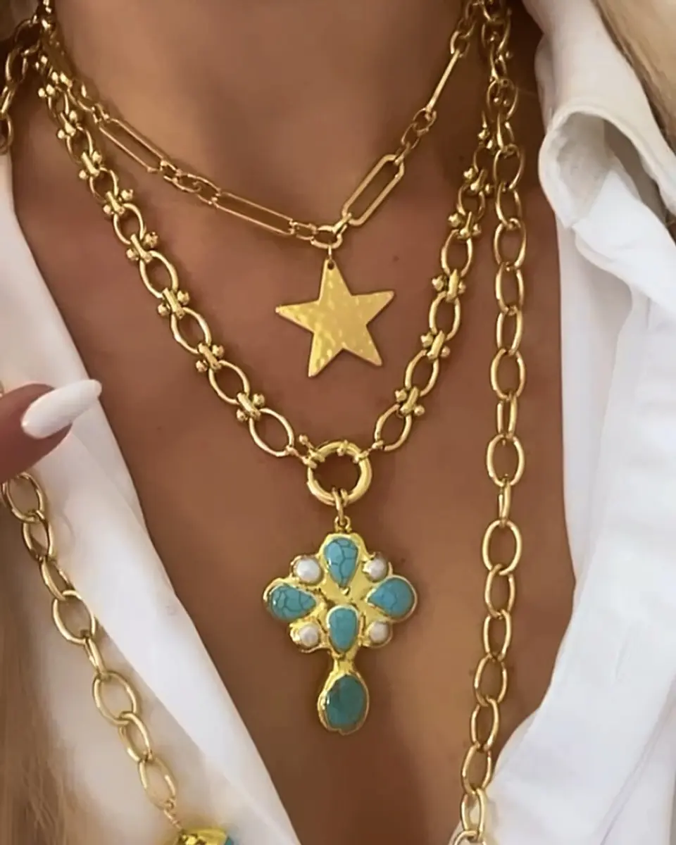 Collar Maxi Cruz Turquesa Perlas Gold  3