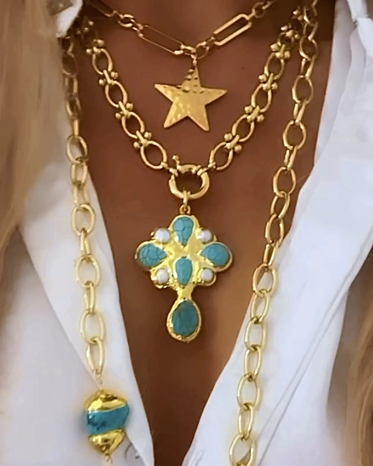Collar Maxi Cruz Turquesa Perlas Gold  1