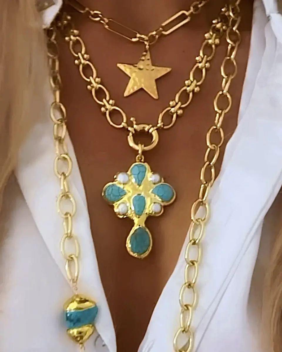 Collar Maxi Cruz Turquesa Perlas Gold  1