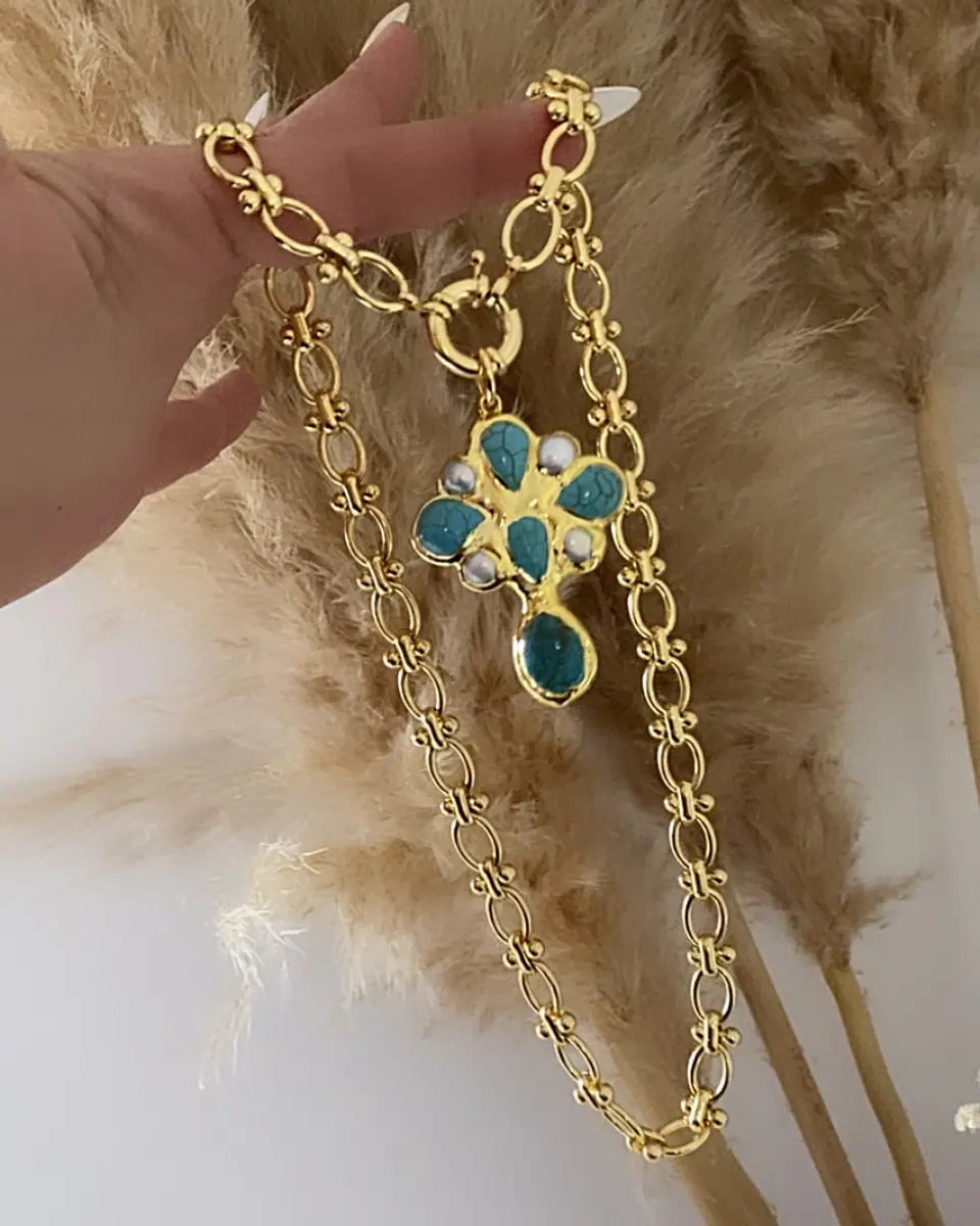 Collar Maxi Cruz Turquesa Perlas Gold  4