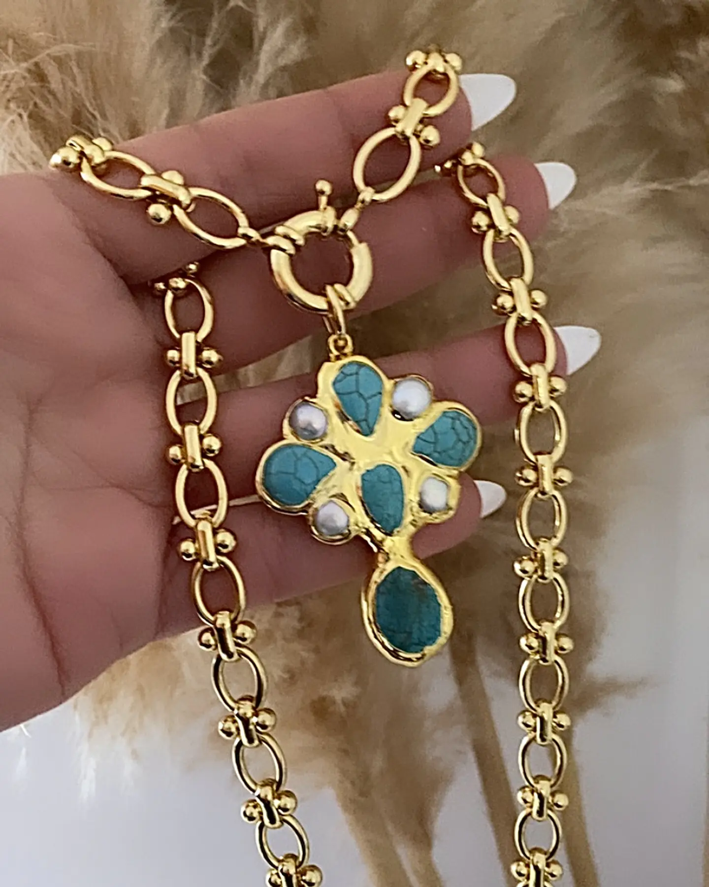 Collar Maxi Cruz Turquesa Perlas Gold  5