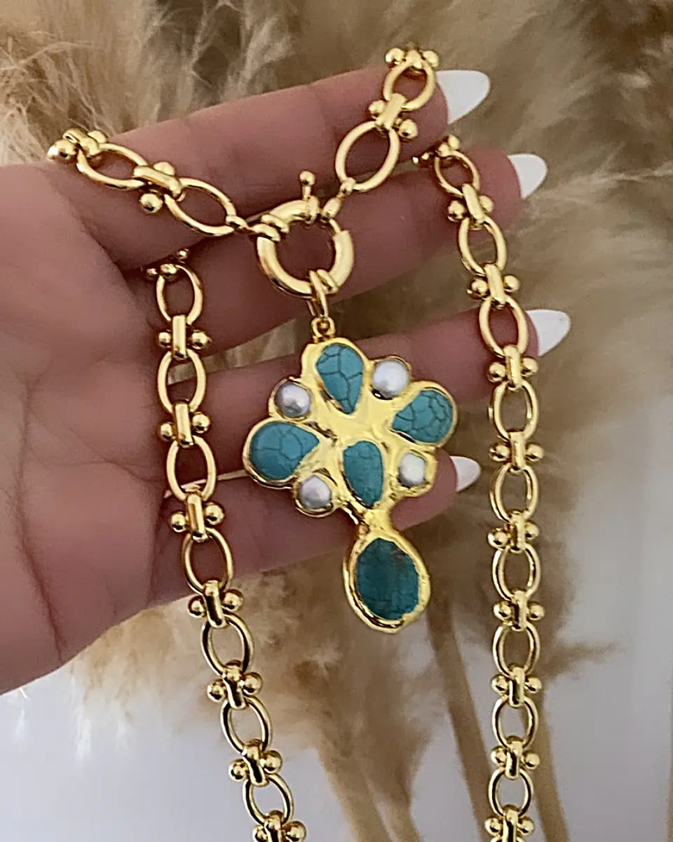 Collar Maxi Cruz Turquesa Perlas Gold  5