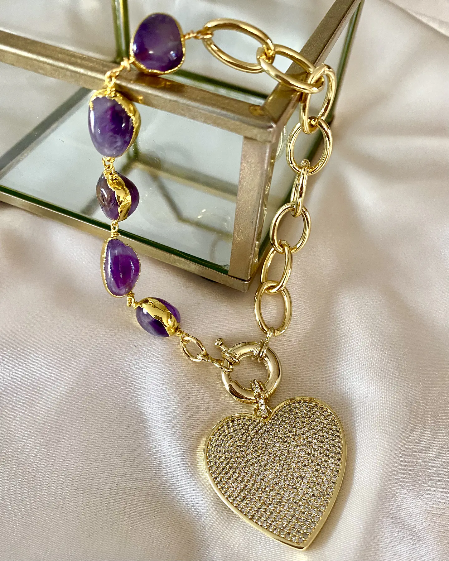 Pulsera Amatistas Corazón Circones Gold 2