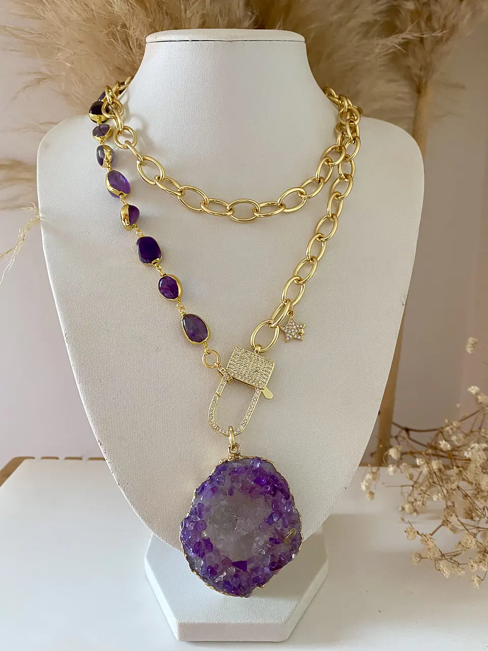 Collar XL Maxi Cuarzo Amatistas punto de luz Gold 3