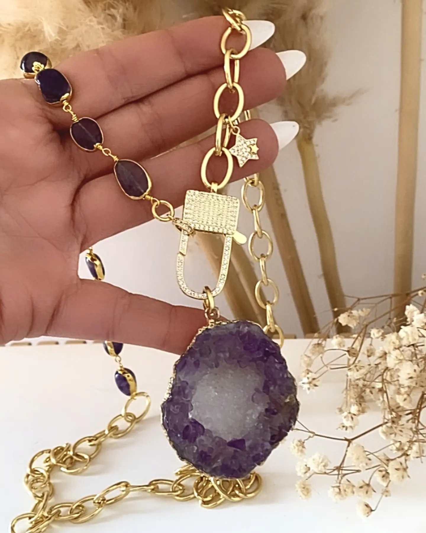 Collar XL Maxi Cuarzo Amatistas punto de luz Gold 6