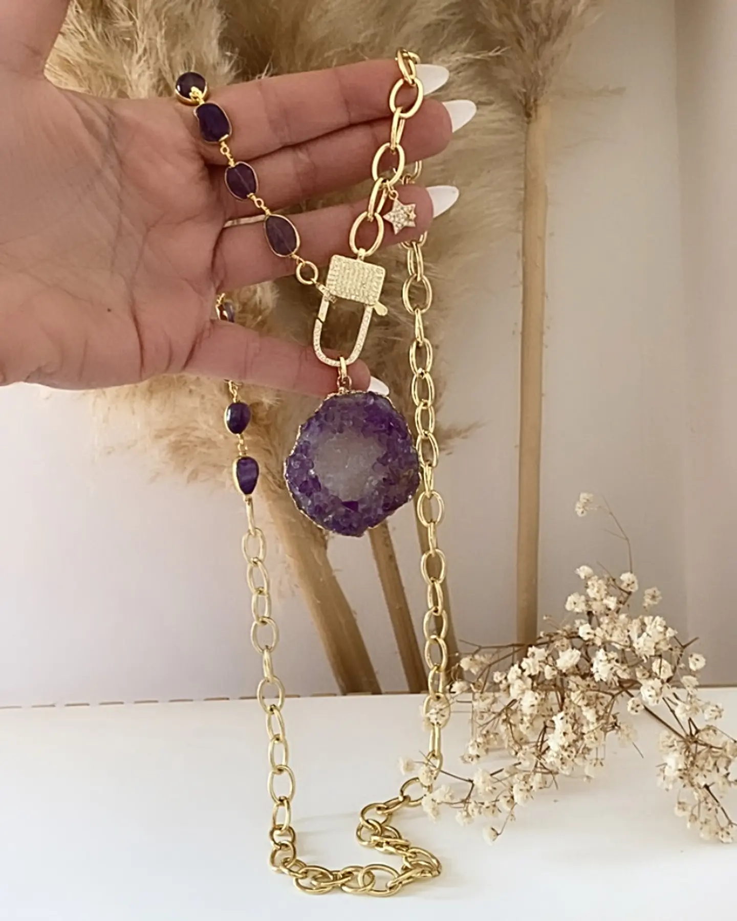 Collar XL Maxi Cuarzo Amatistas punto de luz Gold 4