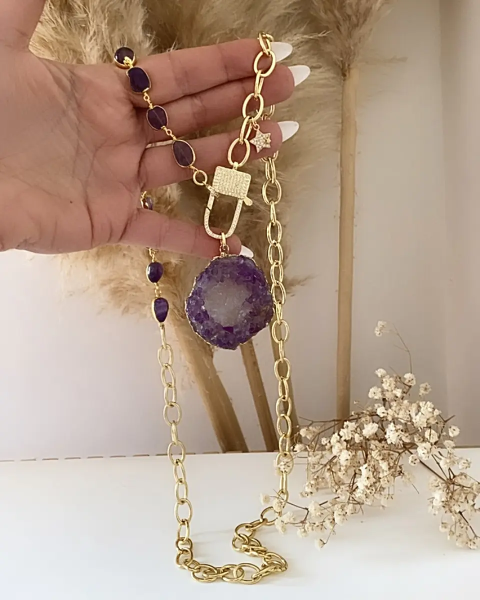 Collar XL Maxi Cuarzo Amatistas punto de luz Gold 4