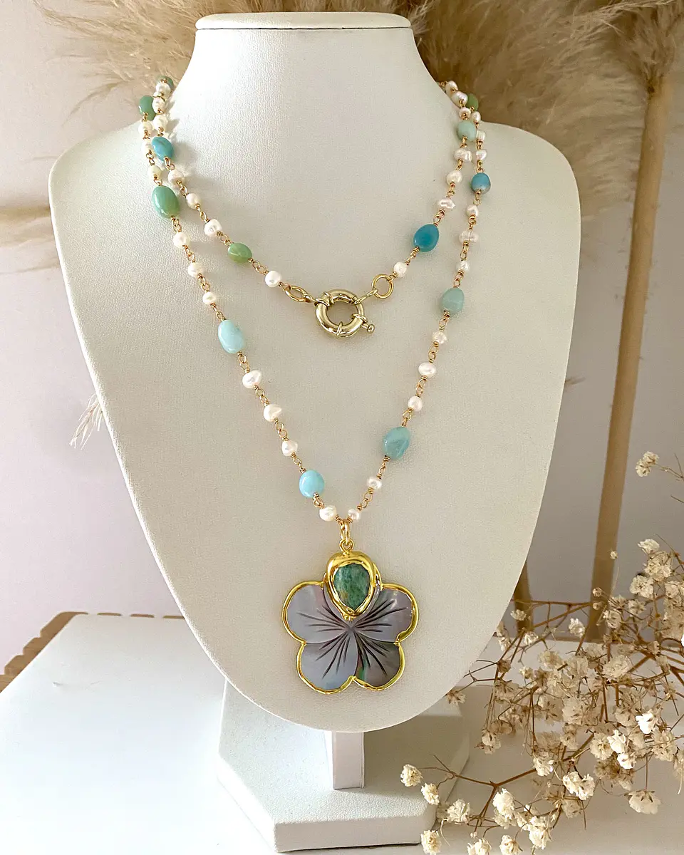 Collar XL Flor Nácar Piedras Amazonitas y Perlas gold 5