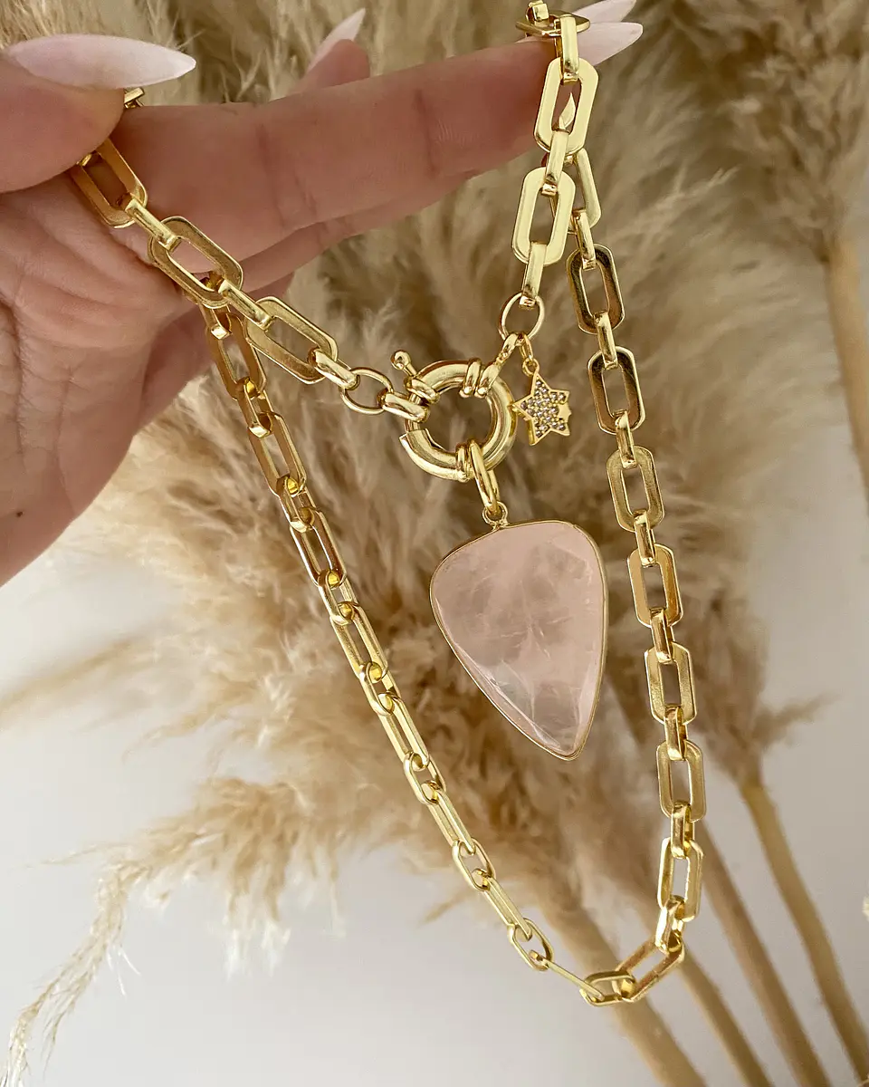 Collar Cuarzo Rosa Eslabones aplanados punto de luz  2