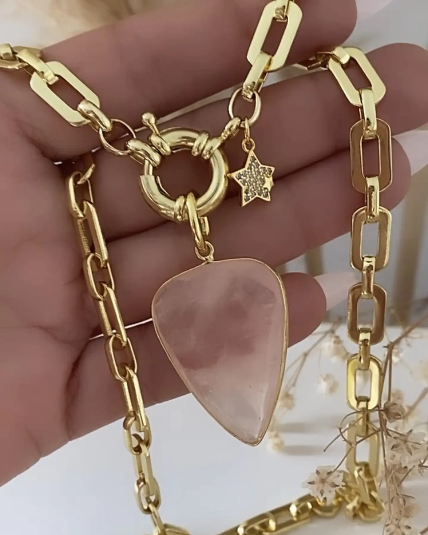 Collar Cuarzo Rosa Eslabones aplanados punto de luz  3