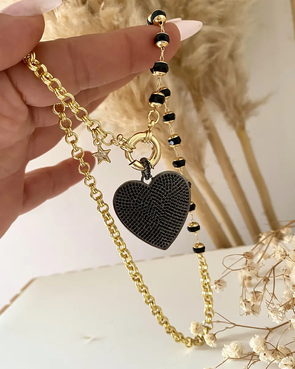 Collar Maxi Corazón Circones Cristales facetados Black  2